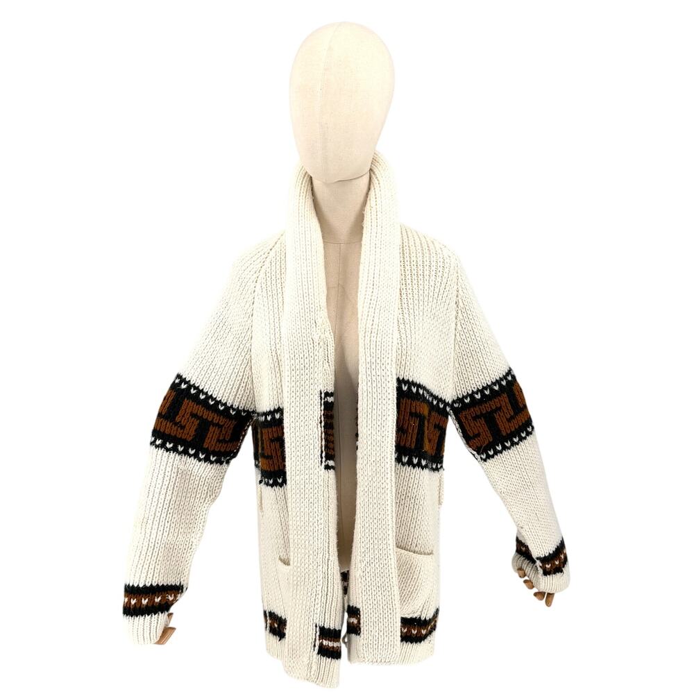 Vintage 70s Cream Brown Chunky Knit Shawl Collar Geometric Cardigan Sweater